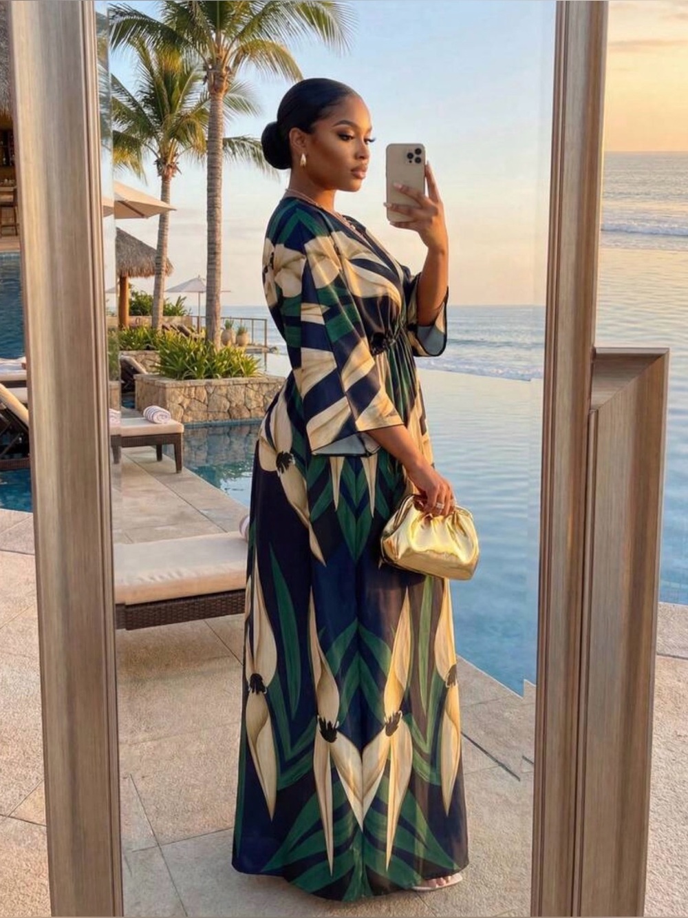 Navy, green, and tan floral maxi dress